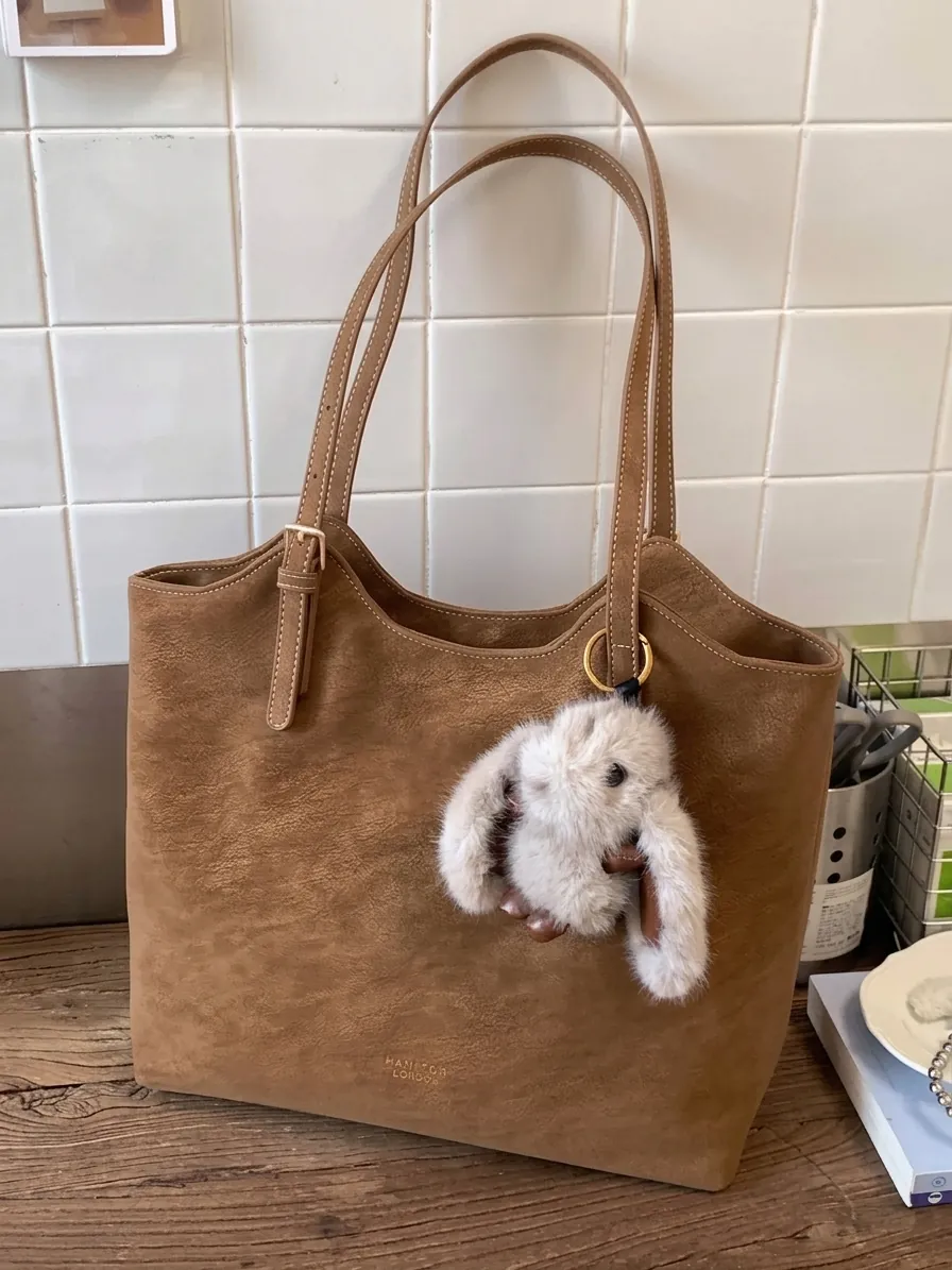 Borsa Tote da Donna Retro di Grande Capacità Borsa a Tracolla in Pelle PU Semplice Borsa a Mano Minimalista Con Ciondolo Coniglio