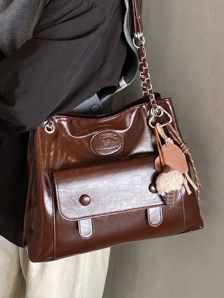 Women Retro Large Capacity Tote Bag High Quality PU Leather Commuter Shoulder Bag With Chain Strap Korean Casual Versatile Handbag