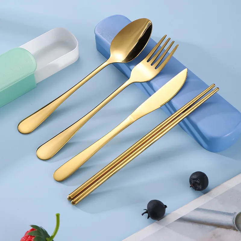 Portable Stainless Steel Cutlery Set With Storage Box Gold Plated Mirror Polished Spoon Fork Knife Chopsticks Travel Camping School Student Utensils Set
