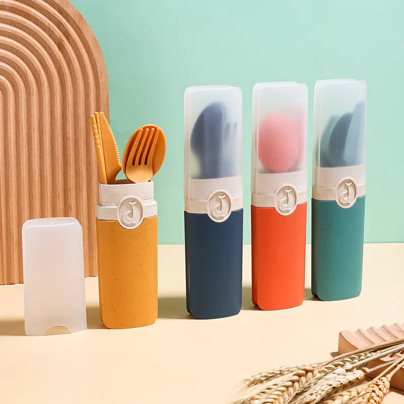 Portable Wheat Straw Tableware Collection Eco Friendly Travel Utensils With Storage Case For Student Outdoor Camping Picnic