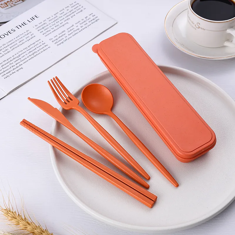 Portable Wheat Straw Cutlery Set Eco-Friendly Travel Utensils With Case Knife Fork Spoon Chopsticks For Camping Picnic Students