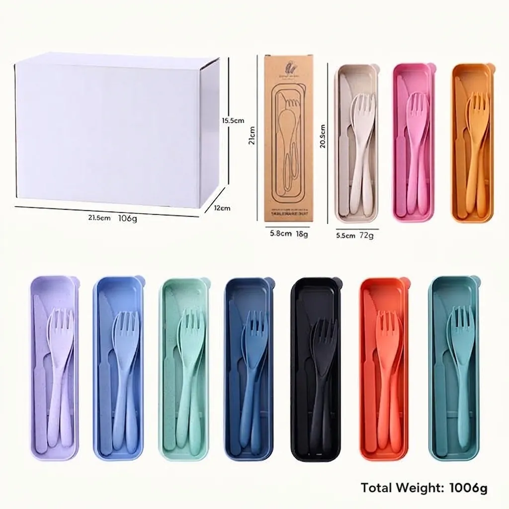 Set di Posate Portatili in Paglia di Grano Con Custodia Coltello Forchetta Cucchiaio Ecologici per Viaggio Scuola Ufficio All'aperto Stoviglie Riutilizzabili