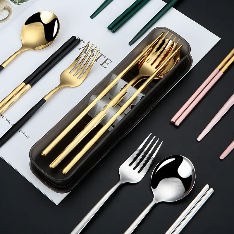 304 Stainless Steel Portable Cutlery Set Portuguese Style Spoon Fork Chopsticks Dinnerware Set With Case For Travel Office School
