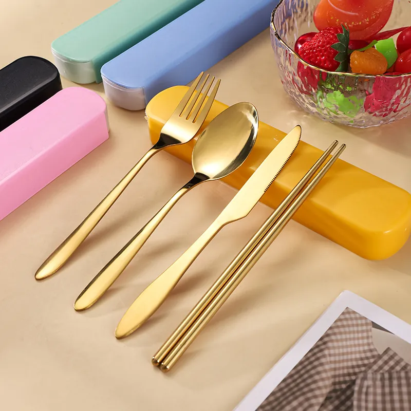 Stainless Steel Portable Travel Tableware Kit Pointed Tail Mirror Polished Cutlery Knife Fork Spoon Chopsticks Case Bag