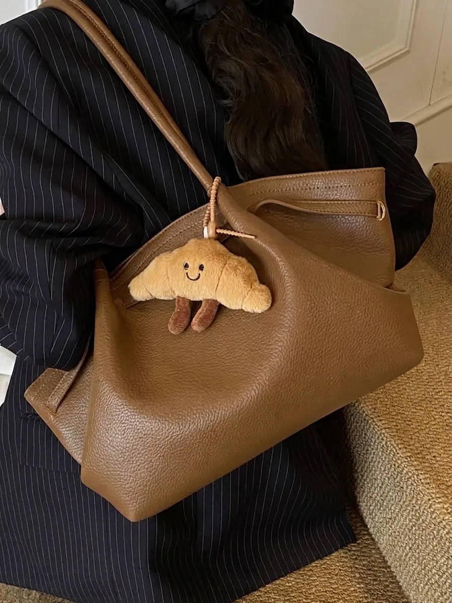 Borsa Tote Donna in Pelle PU Grande Capacità Minimalista con Trama Litchi Borsa a Tracolla con Ciondolo a Forma di Croissant Urban Simple