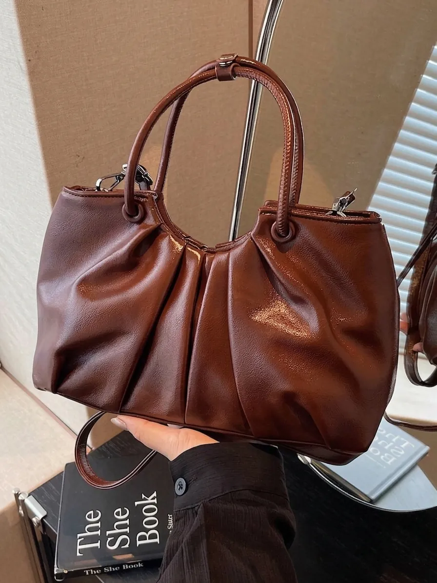 Borsa a Secchiello Plissettata in Morbida Pelle PU Vintage Retro Borsa a Mano Tracolla 2025 Nuova Moda Designer di Nicchia