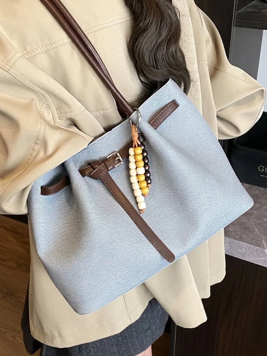 Γυναικεία Vintage Τσάντα Tote Μεγάλης Χωρητικότητας Μόδα Μετακίνησης Τσάντα Ώμου Αντίθεσης Χρώματος PU Δέρμα Με Κρεμαστό