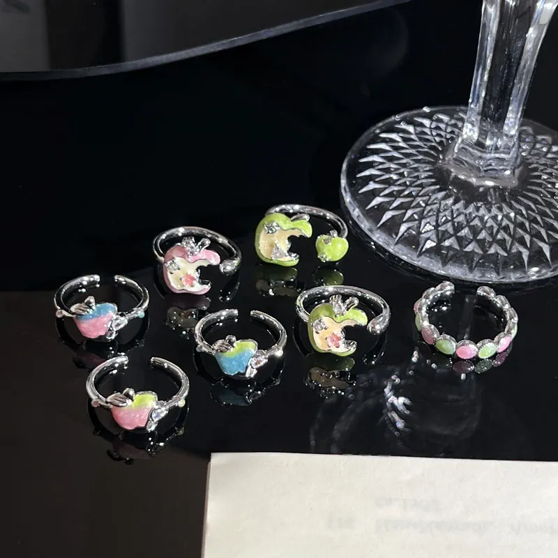 Sprookjesachtig Dopamine Gradiënt Appel Emaille Ring Verstelbaar Creatief Uniek Zoet Stoer Fruit Ingelegde Zirconia Koperen Vingerring Vrouwen Sieraden Cadeau