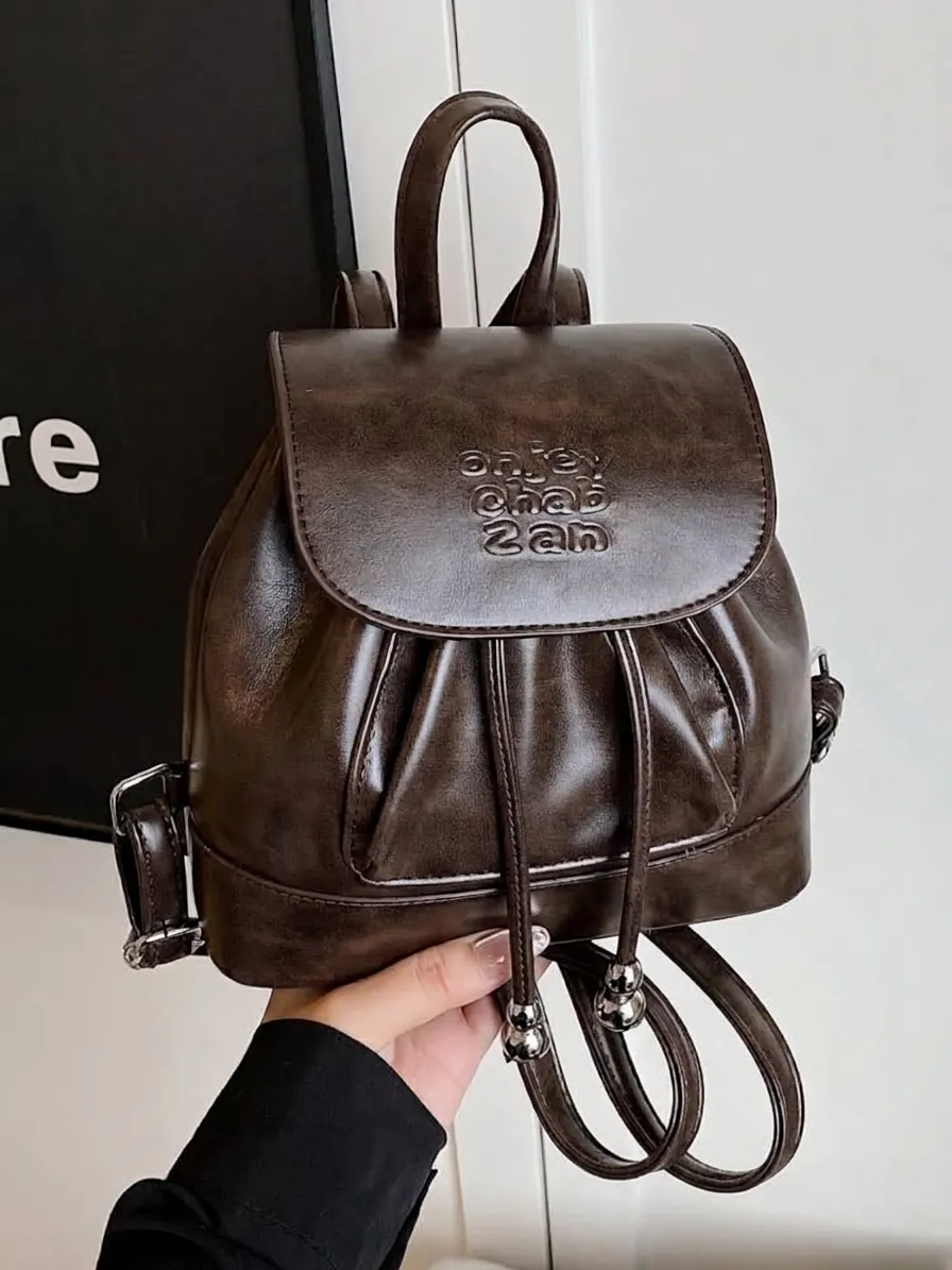 Damen Casual PU Leder Rucksack Große Kapazität Vintage Klappe Kordelzug Reise Schule Umhängetasche