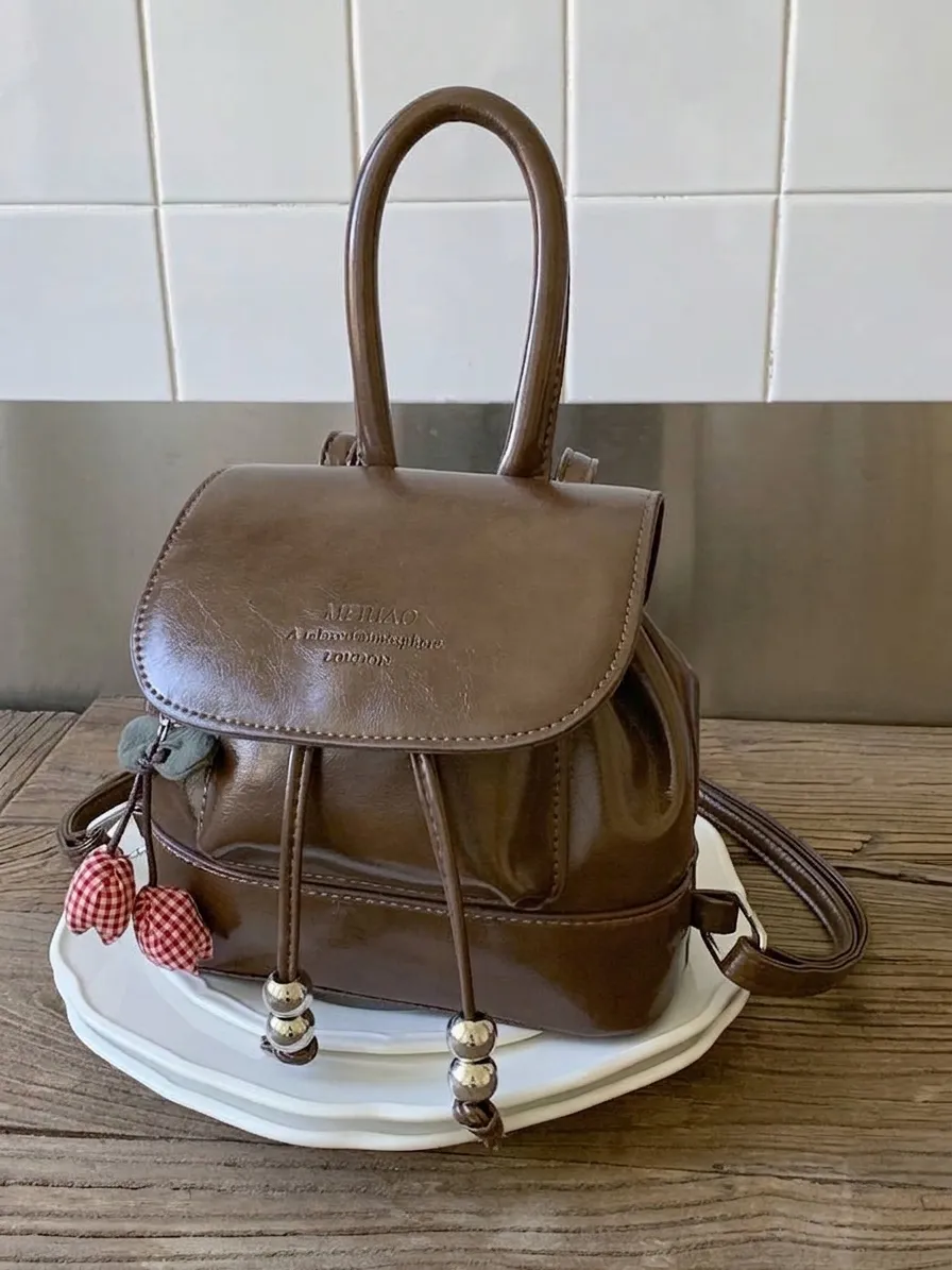 Fashion Women Mini PU Leather Backpack Korean Style Small Schoolbag Trendy Street Travel Drawstring Flap Bag With Cherry Pendant