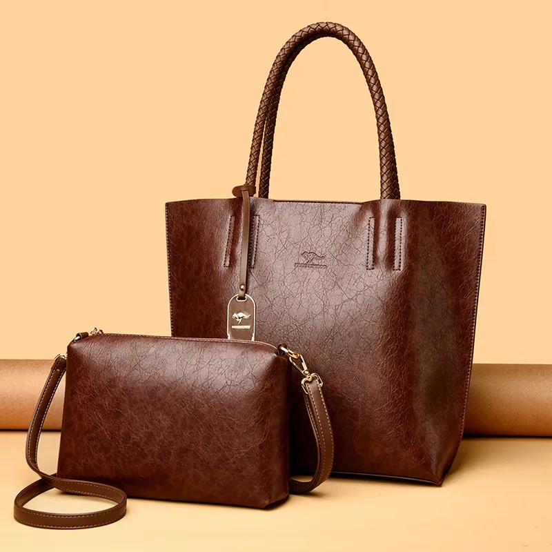 Bolso Tote de Mujer de Gran Capacidad en Cuero PU Juego de Bolsos Sub-Madre Asa Tejida Estilo Chino Bolso de Hombro con Logotipo de Canguro