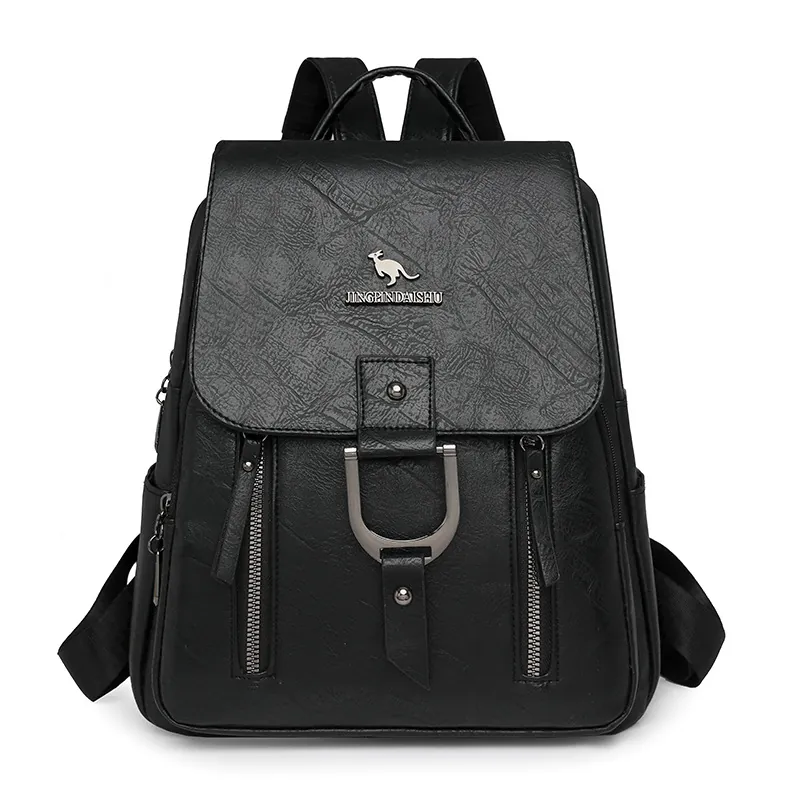 Sac à Dos en Cuir PU pour Femmes Mode Occidentale Simple Couleur Unie Rabat Sac à Dos Avec Anneau en D Métallique Sac de Voyage pour Femme