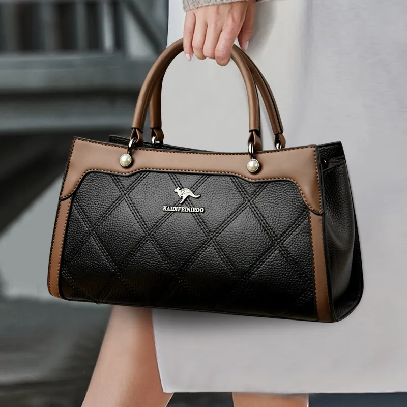 Elegant Quilted PU Leather Handbag For Women Stylish Spliced Crossbody Bag With Pearl Decor Top Handle Commute Shoulder Bag