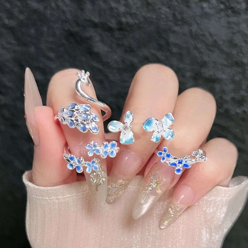 Anillo Abierto de Mujer Flor de Pavo Real Degradado Azul Ajustable Cobre Diamantes de Imitación Goteo de Aceite Joyería de Moda