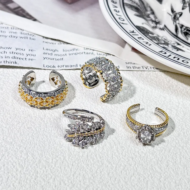 Anillos Ajustables Abiertos De Cobre Bicolor Estilo Corte Vintage Lujosos Anillos De Dedo Índice En Pavé De Strass Para Joyería De Fiesta De Banquete De Mujer