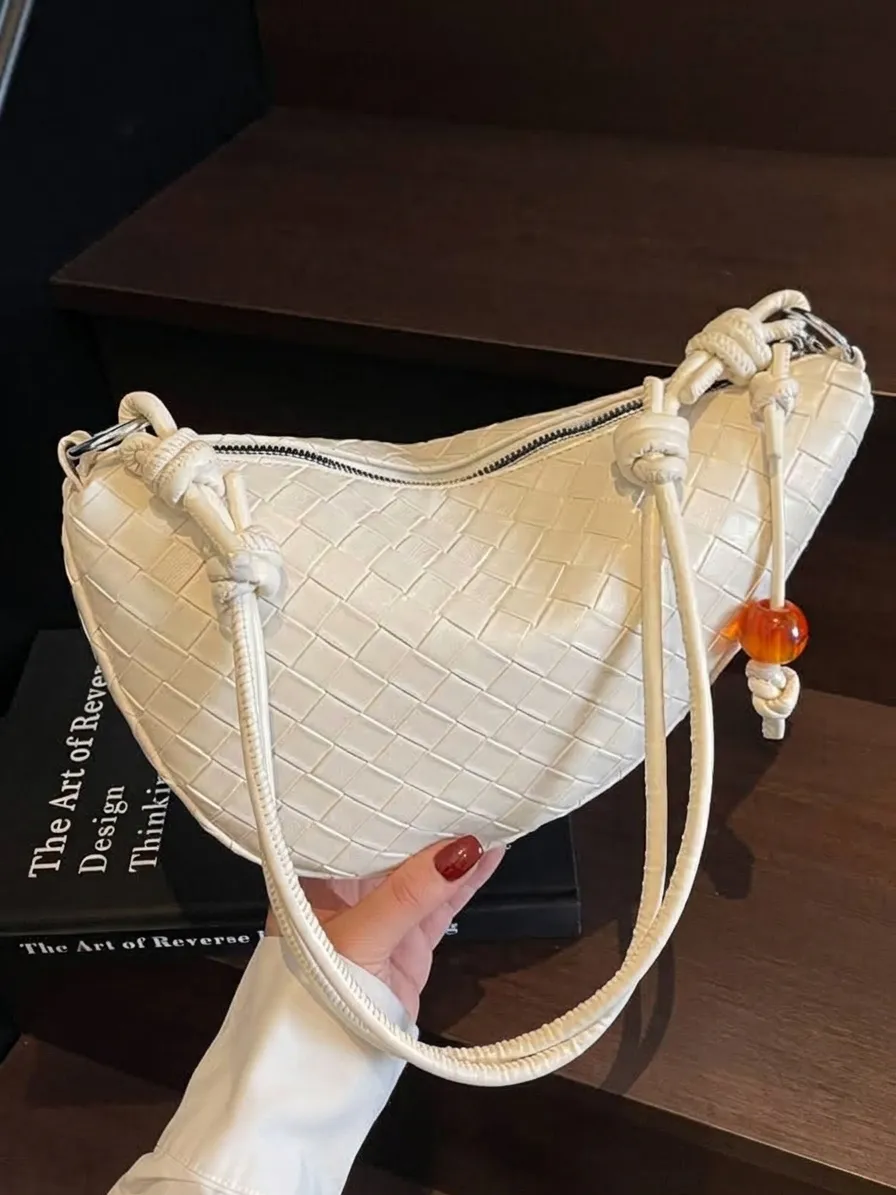 Bolso Dumpling Trenzado para Mujer Bolso de Hombro de Cuero PU de Moda Con Correa de Nudo y Detalle de Cuentas de Ámbar Bolso Hobo