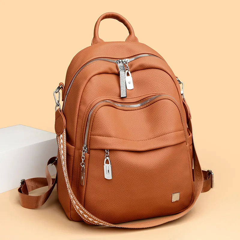 Sac à Dos pour Femmes Style Coréen Grande Capacité Cuir Synthétique PU Souple Grain de Litchi Décontracté Sac d'École Étudiant Polyvalent