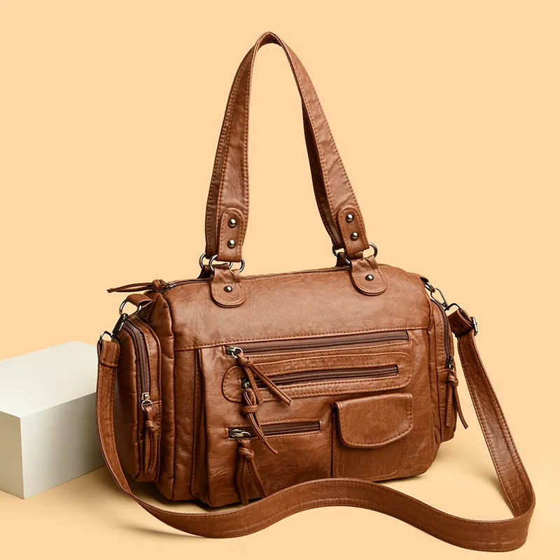 Bolso de Mano de Moda para Mujer Estilo Motociclista con Multibolsillos Piel Sintética PU de Alta Calidad Bolso de Hombro Cruzado Grande Tote