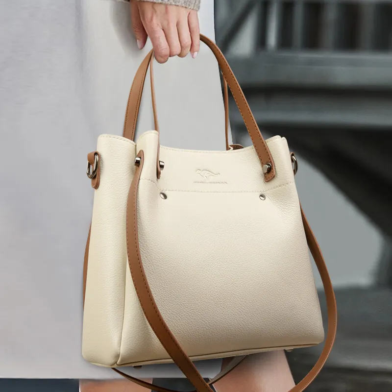 Bolso de Mano de Cuero PU con Textura de Lichi para Mujer Moda Correa Ancha Bolso de Hombro Tote Logo de Canguro Diario