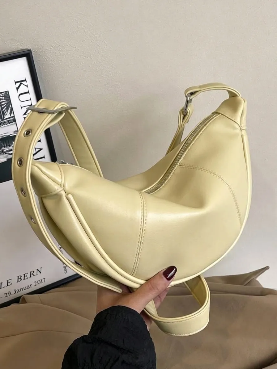 Damen Dumpling Tasche Große Kapazität Halbmond Umhängetasche Hochwertiges PU Leder Schultertasche Zum Pendeln Mode Einfarbig Ziernähte Handtasche