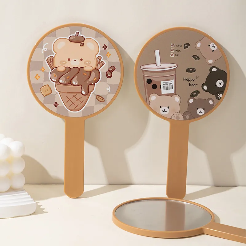 Großer Cartoon Schokoladenbraun Handspiegel Tragbarer Make-up-Spiegel Mit Griff Für Damen Geburtstagsgeschenk Niedliches Bär Hund Muster Spiegel