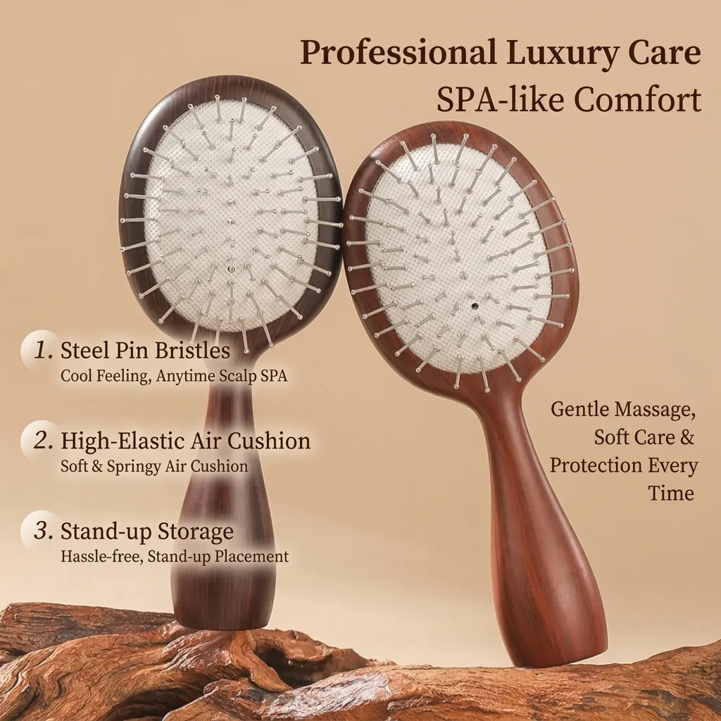Portable Wood Grain Cushion Brush With Stainless Steel Needle Hair Comb For Scalp Massage Detangling Professional Women Men Everyday Use Hair Brush