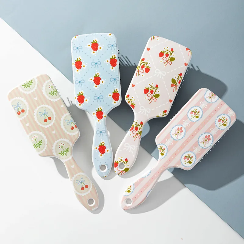 Cartoon Fruit Print Air Cushion Comb Fashionable Pastoral Pattern Plastic Paddle Hairbrush Scalp Massage Detangling Hair Brush For Women Girls