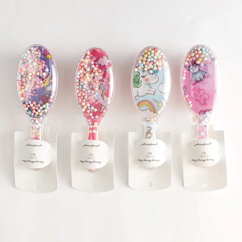 Cartoon Unicorn Air Cushion Massage Hair Brush Silicone Transparent Paddle Comb With Floating Rainbow Beads For Women Girls