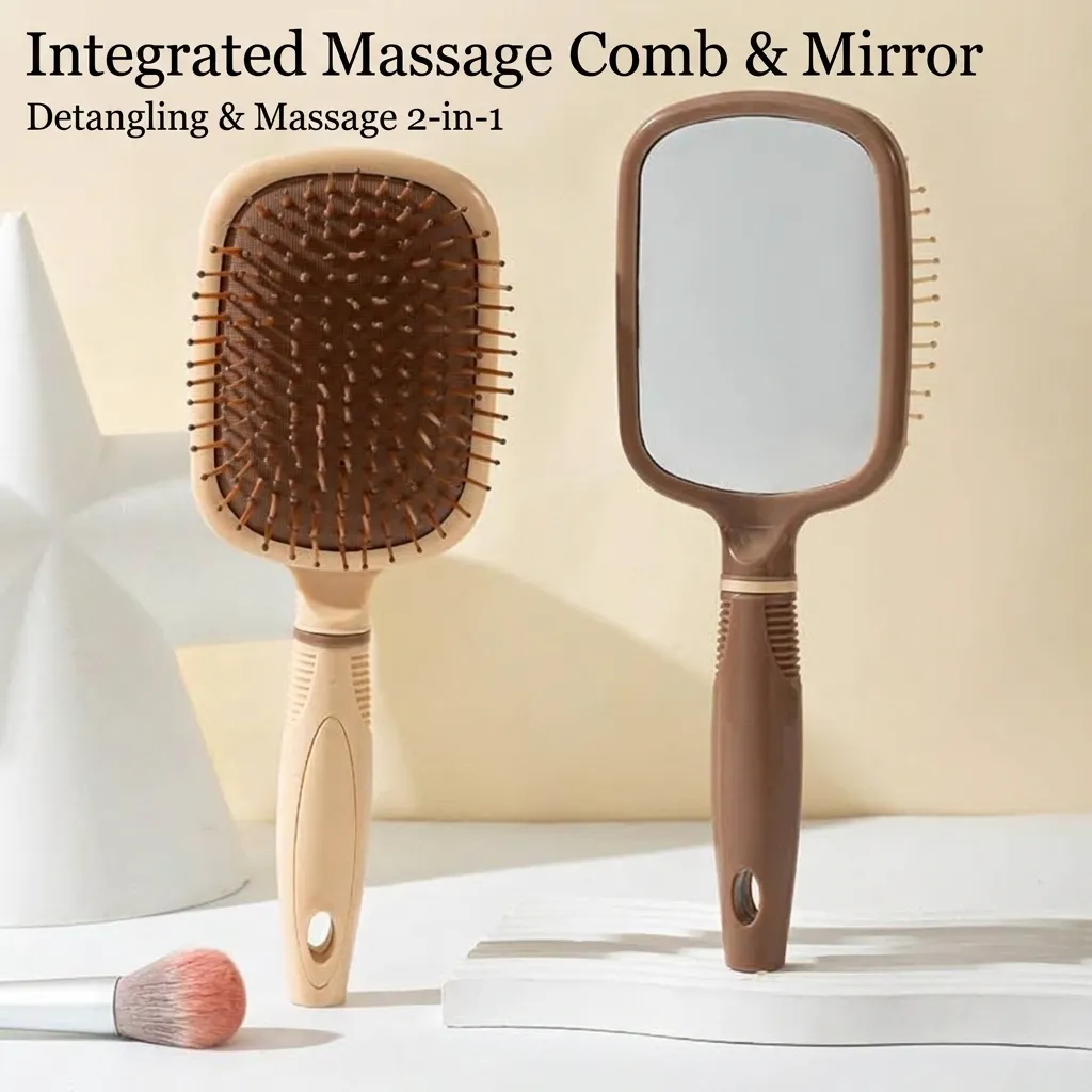 Peigne de Massage 2 En 1 Avec Miroir Et Airbag pour Femmes Brosse à Cheveux Antistatique Masseur de Cuir Chevelu Portable