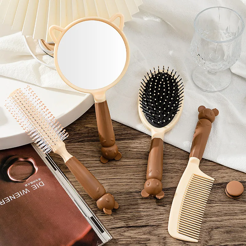 Cute Cartoon Bear Rabbit 4-Piece Hair Brush And Mirror Set Detangling Air Cushion Comb Roller Brush Portable Handheld Mirror For Women Girls