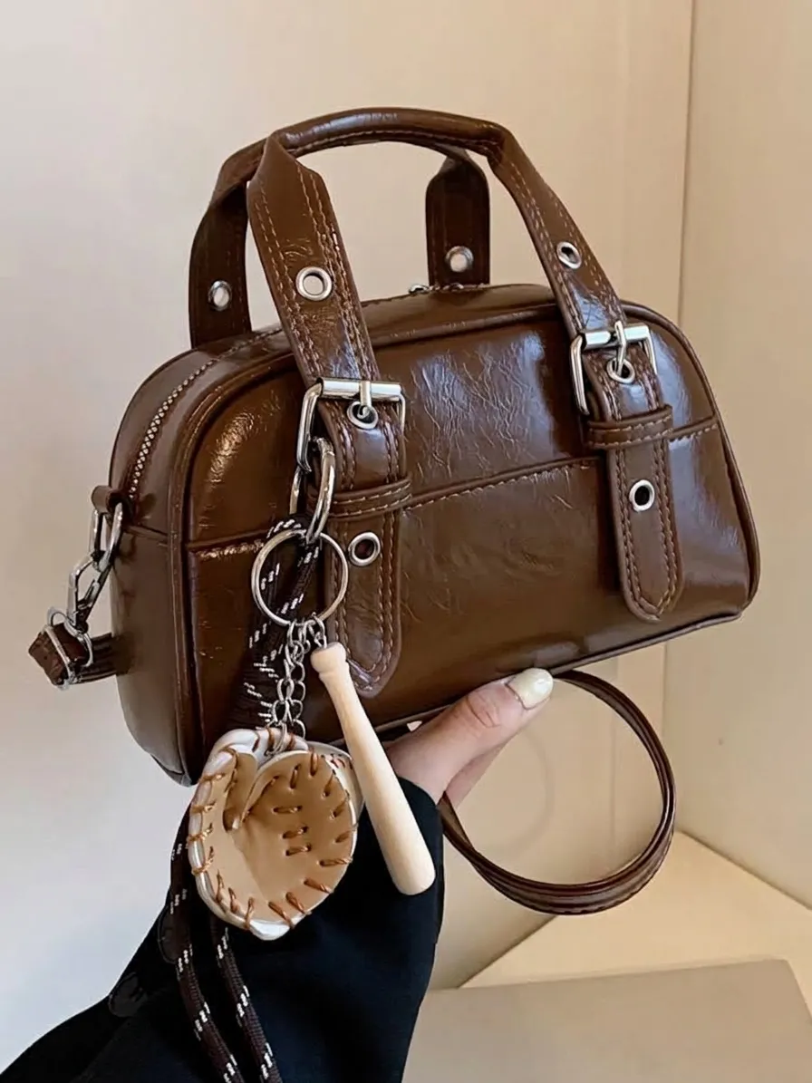 Vintage Glossy PU Leather Boston Handbag For Women Autumn Winter Minimalist Small Square Shoulder Crossbody Bag