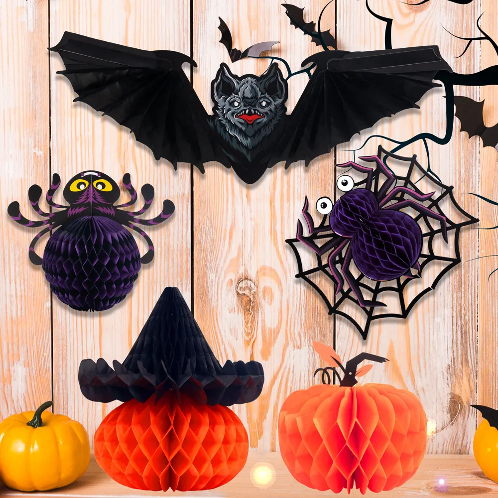 Halloween 3D Honeycomb Paper Hanging Decoration Bat Spider Pumpkin Witch Hat For Ghost Festival Party Scene Ornament Props