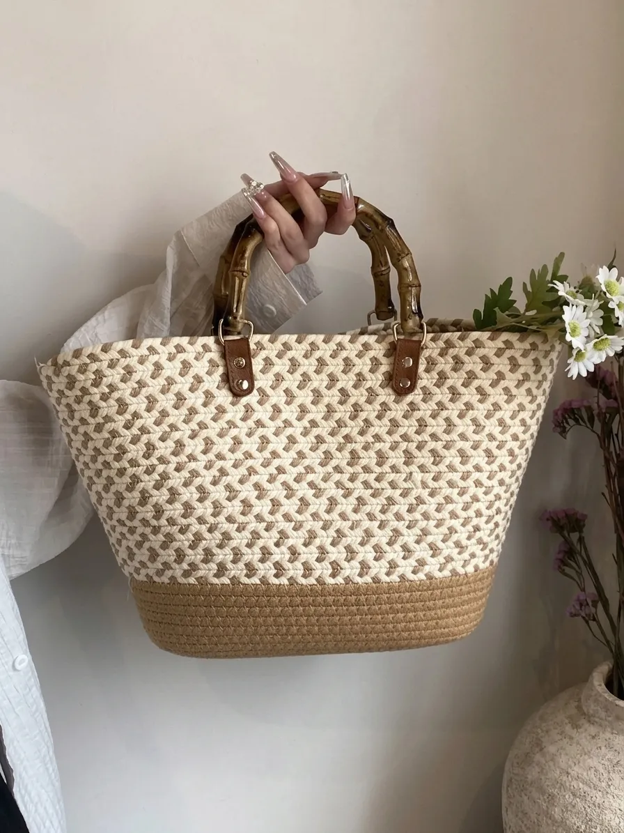 Bolso de Mano de Paja Tejida para Mujer de Gran Capacidad Con Asa de Bambú Natural Verano Playa Vacaciones Compras Bolso de Hombro Tejido