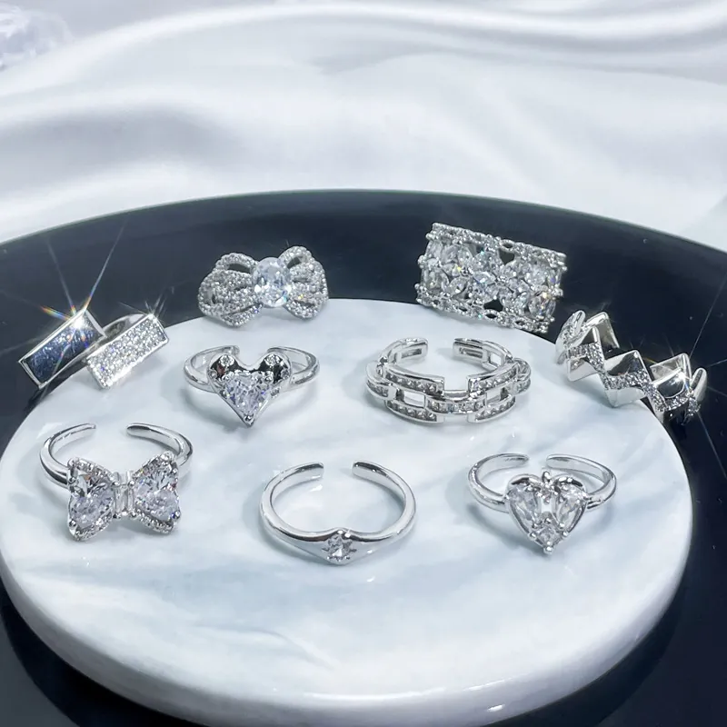 Fashion Copper Zirconia Open Ring For Women Adjustable Full Diamond Bowknot Heart Geometric Finger Ring Light Luxury Jewelry Gift