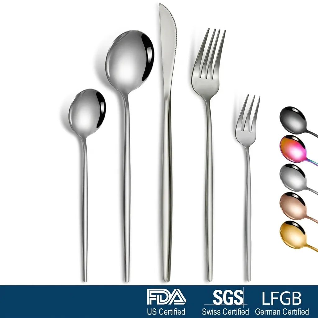 Portuguese Style 410 Stainless Steel Cutlery Set Mirror Polishing Gold Silver Rainbow Steak Knife Fork Spoon Sets For Home Dinner Party