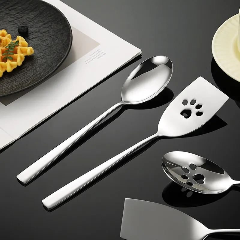 Modern 304 Stainless Steel Serving Spoon And Spatula Cutlery Creative Hollow Cat Paw Food Buffet Serving Ladle Slotted Turner Steak Shovel For Hotel Banquet Home Dining Silver