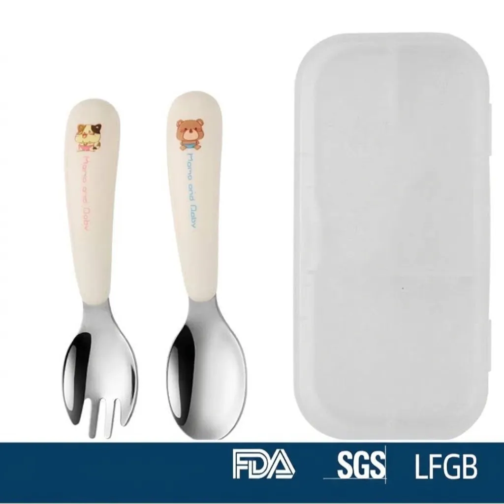 Mignon Dessin Animé Ours Chat Vaisselle Enfants 304 Acier Inoxydable Manche Court Cuillère Fourchette Ensemble Portable Bébé Alimentation Cuillère Fourchette Kit Avec Boîte Pour Tout-Petits Vaisselle