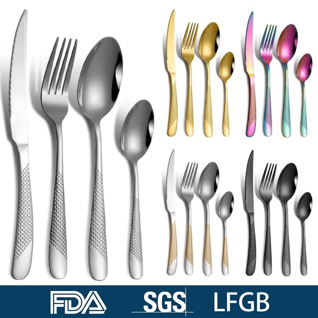 Modern Stainless Steel Cutlery Set With Textured Handle Mirror Polished Steak Knife Dinner Fork Soup Spoon Teaspoon Tableware For Hotel Restaurant Home