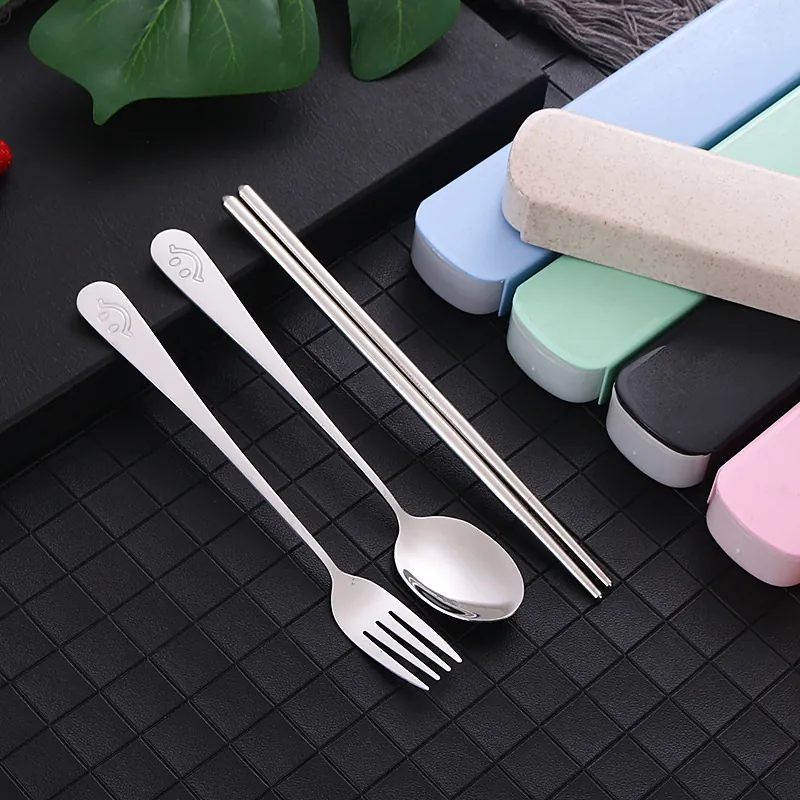 Portable Stainless Steel Cutlery Set With Storage Box Smile Face Pattern Spoon Fork Chopsticks For Students Office Travel