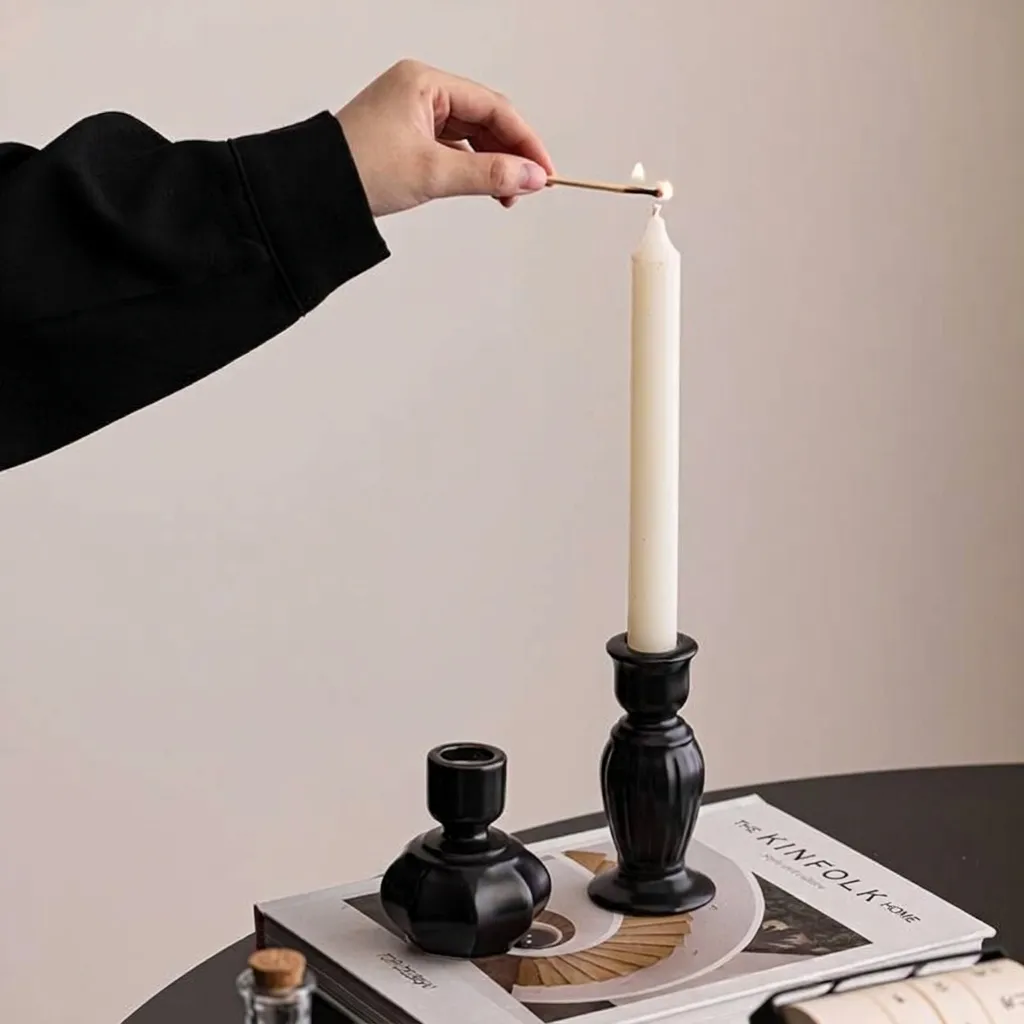 European Matte Black Ceramic Candlestick Luxury Roman Column Candle Holder For Candlelight Dinner Hotel Table Home Decor Ornament
