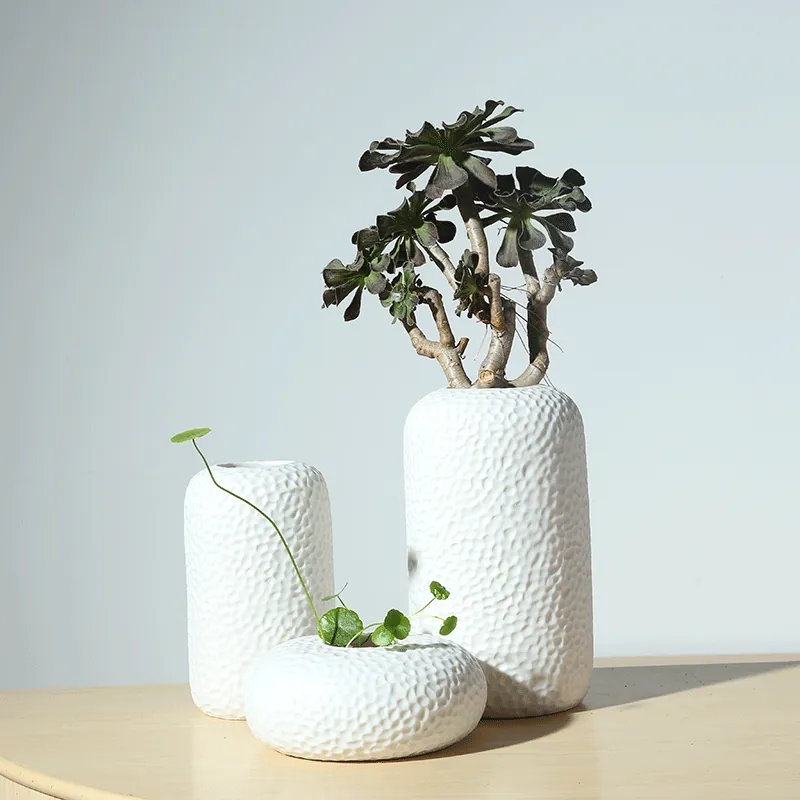 Minimalistische Keramische Vaas Handgemaakte Gehamerde Wabenstructuur Bloempot Huis Decoratief Tafelblad Hydrocultuur Container Bloem Vaas Voor Kantoor