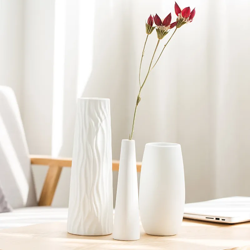 Nordic Minimalist Ceramic Vase Matte White Wave Relief Decorative Flower Pot Tabletop Handmade Plain Glazed Artwork Home Living Room Office Floral Decor Accent