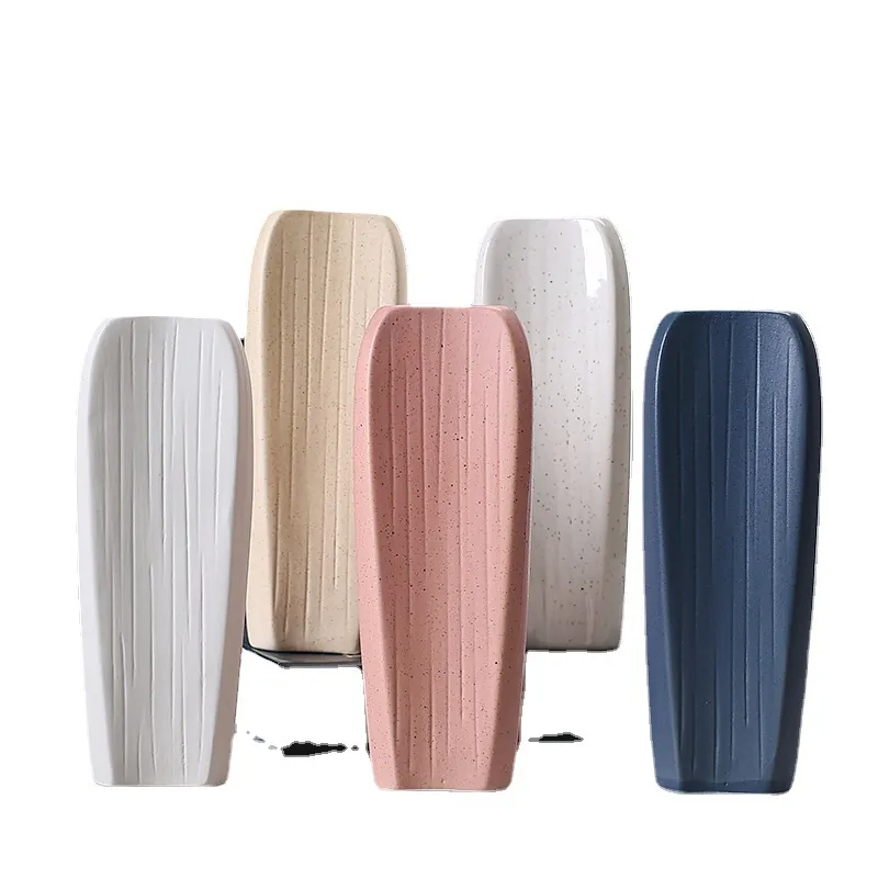 Nordic Minimalist Ceramic Vase Retro Coarse Pottery Vertical Striped Flower Vase For Home Living Room Office Decoration