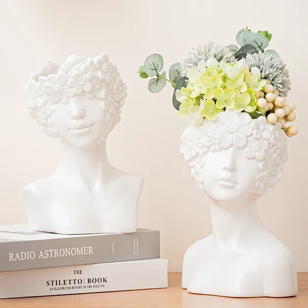 Nordic Creative Human Body Ceramic Vase Minimalist White Bust Sculpture Artistic Home Decoration Modern Desktop Floral Ornament