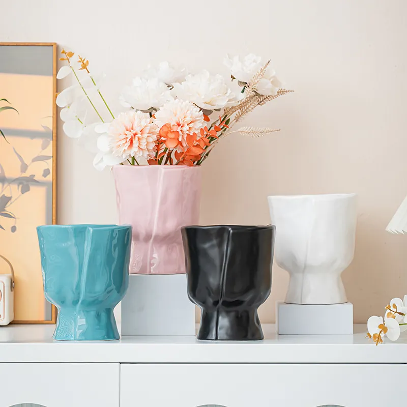 Nordic Ceramic Vase Modern Pleated Origami Style Handmade Flower Arrangement Ornament For Living Room Table Decor Decorative Vase Gift