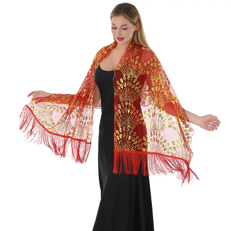 Elegant Polyester Sequin Embroidered Shawl Luxury Peacock Feather Pattern Evening Capes Tassel Fringe Evening Dress Shawl For Banquet Ball Women