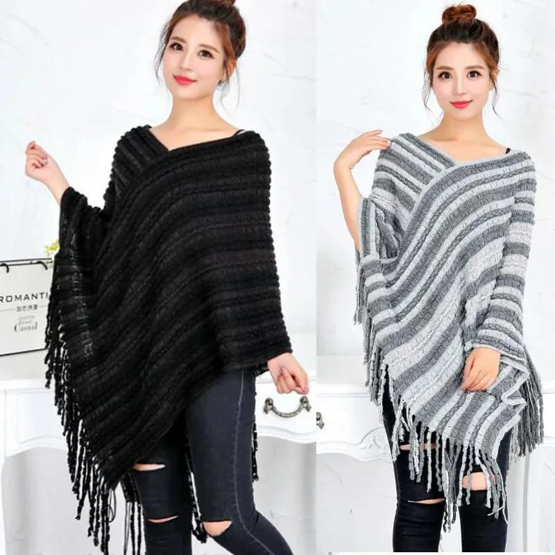 Poncho de Punto de Acrílico para Mujer Pulóver de Rayas con Bloques de Color Con Ribete de Borla Larga Otoño Invierno Chal Cálido Capa Casual
