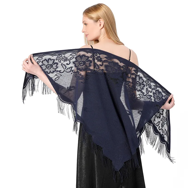 Châle Triangle en Dentelle Élégant Motif Floral Franges Écharpe en Polyester pour Mariage Soirée Banquet Fête Robe Femmes