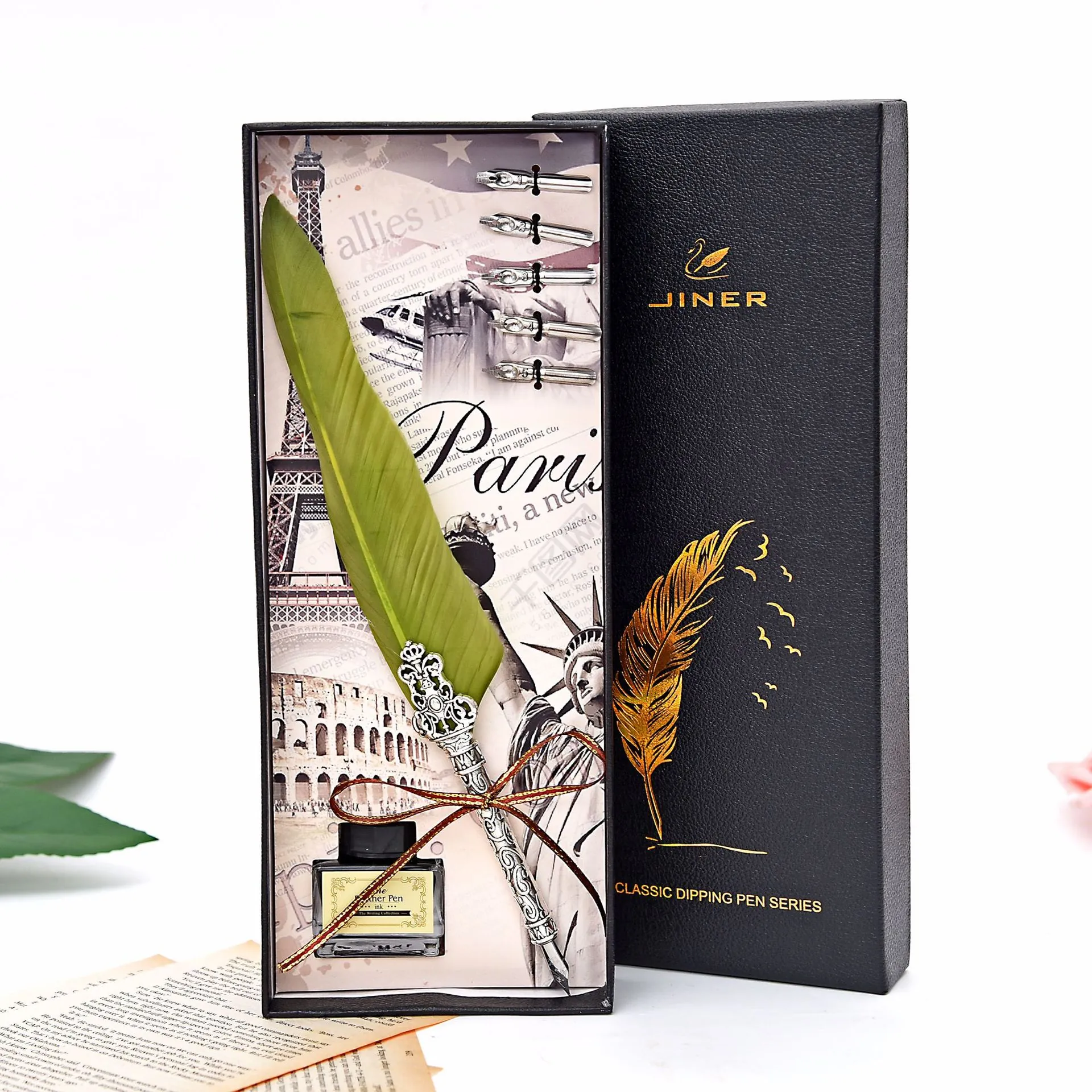 Retro European Vintage Natural Feather Dip Pen Set Metal Stainless Steel Hollow Crown Carving Quill Pen With Ink Gift Box