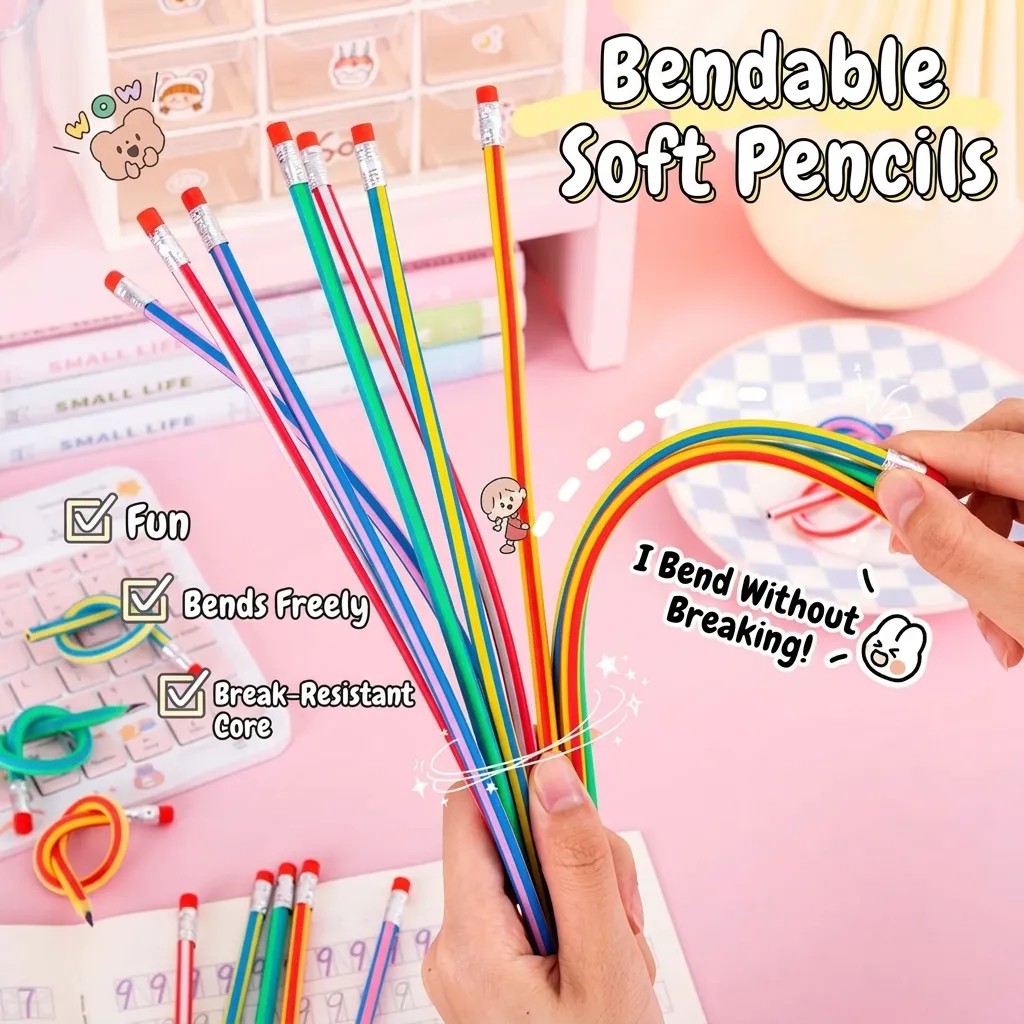 Creative Flexible Soft Pencil Bendable HB Graphite Lead With Red Eraser Fun Novelty Stationery For School Student Striped
